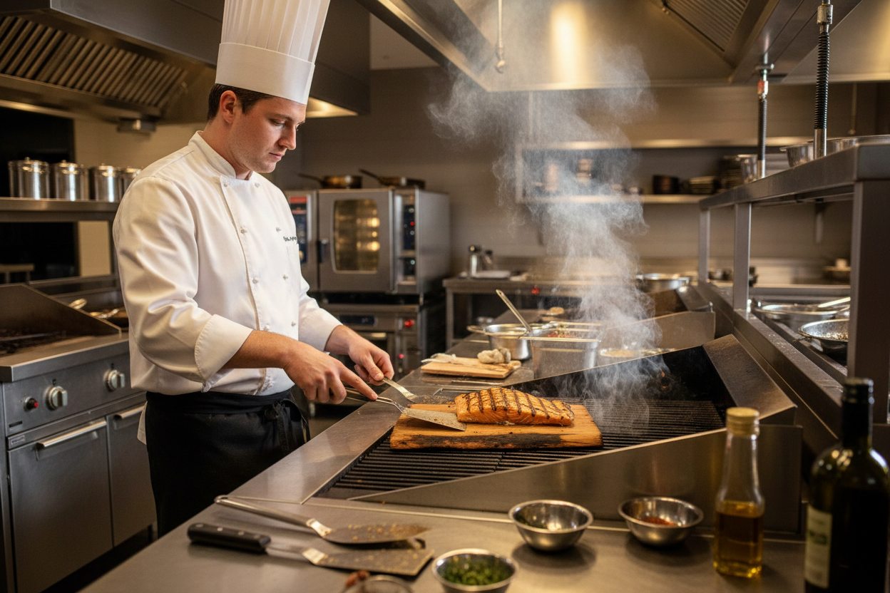 professional-kitchen-these-with-chef-grilling-salmon-on-a-cedar-plank